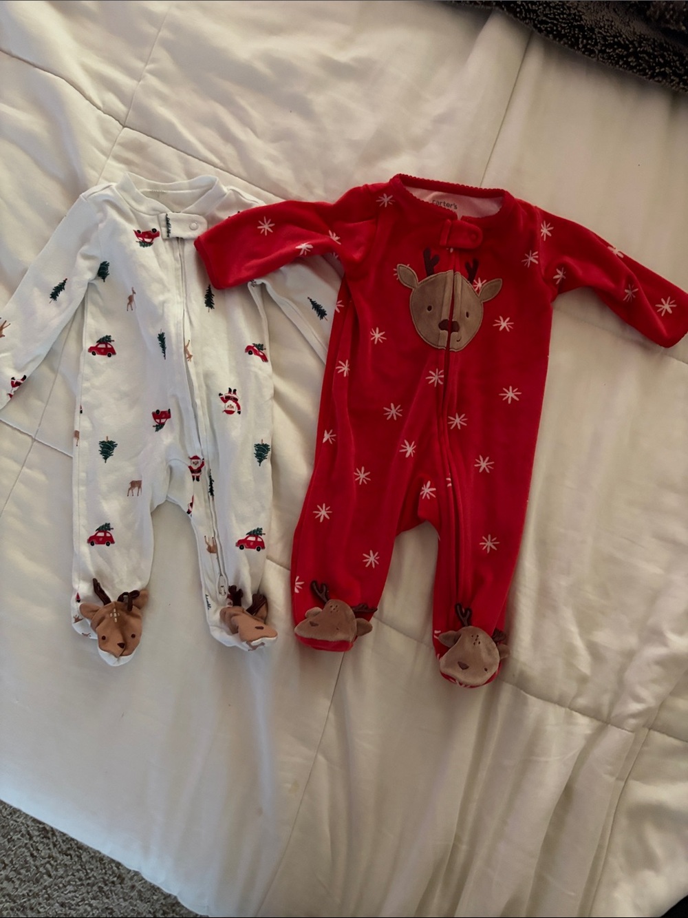 Carter's Red Reindeer Fleece Footie & White Holiday Print One-Piece Set 3 months